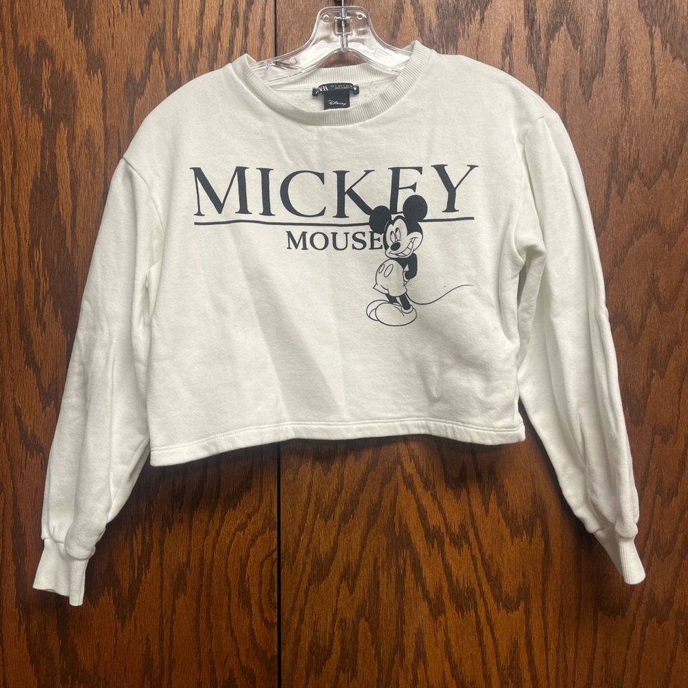 Zara White Mickey Mouse Cropped Sweatshirt